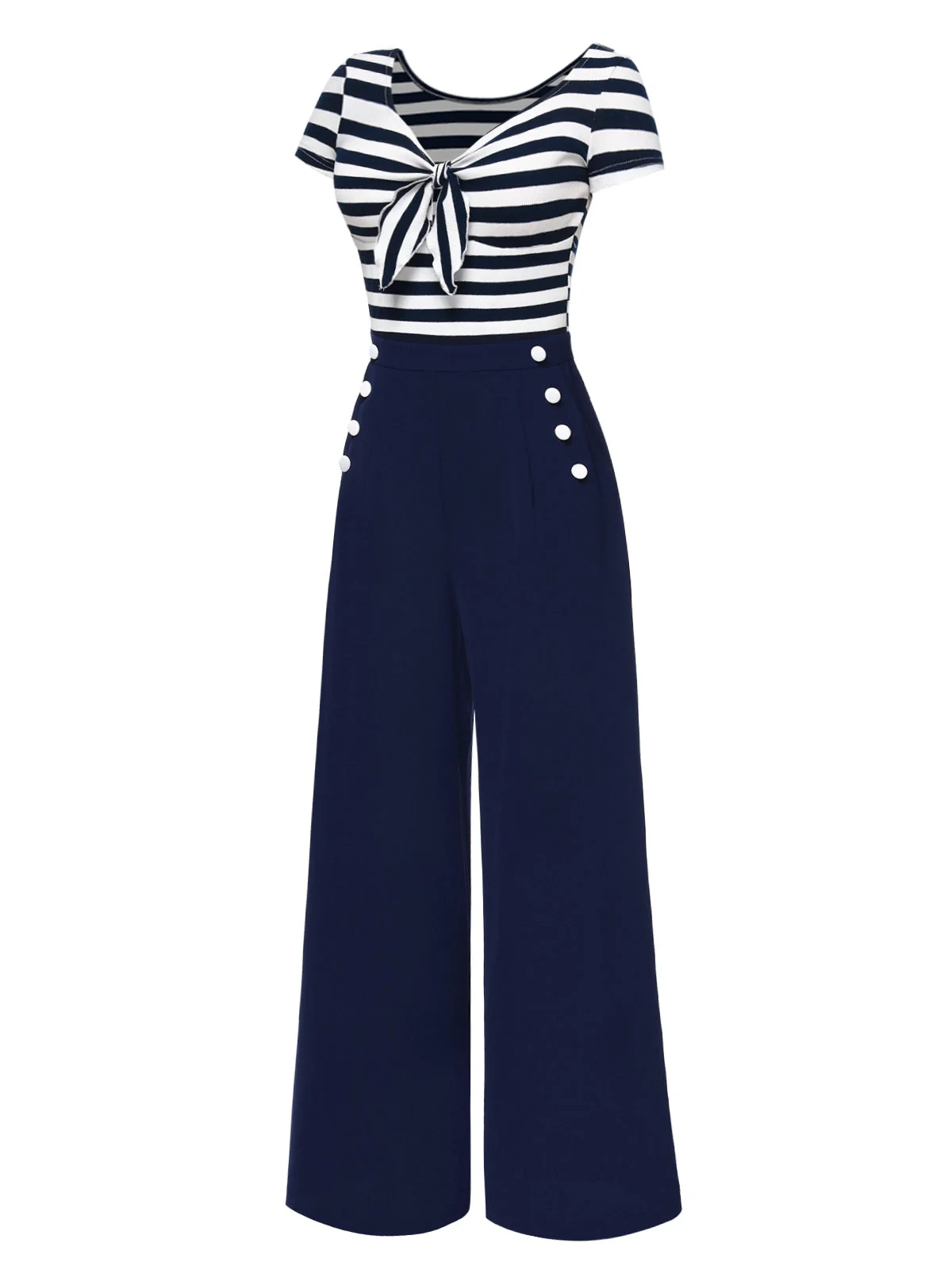Blau 1950er Hohl Bogen Streifen Patchwork Jumpsuit - Image 6