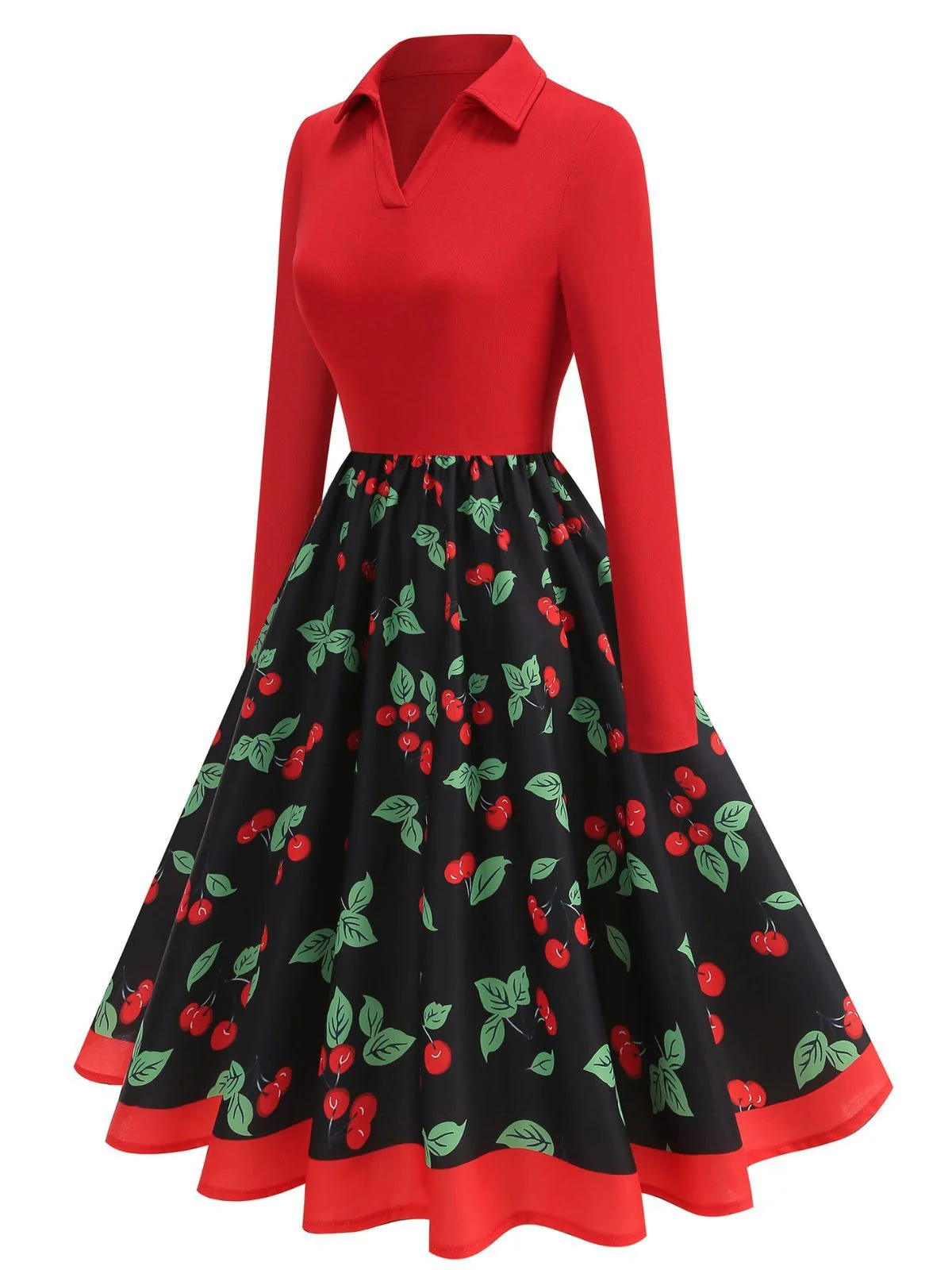 Rot 1950er Kirsche Langarm Swing Kleid - Image 2