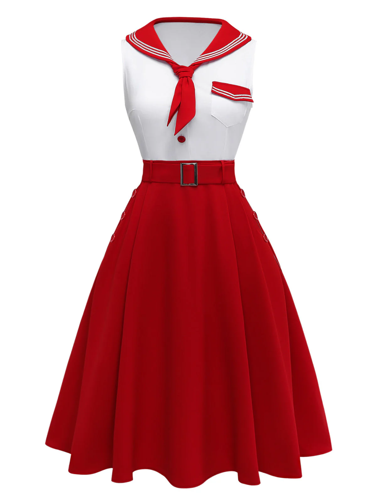 [Vorverkauf] Rot 1950er Matrosenkragen Gürtel Ärmellos A-Linie Kleid - Image 2
