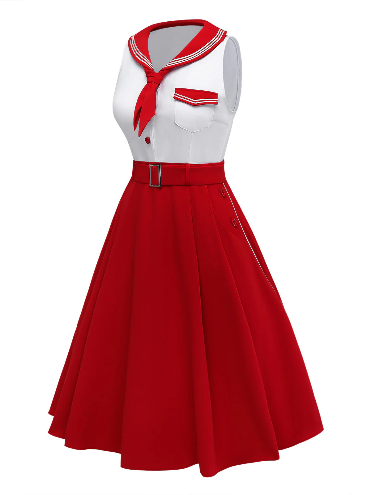 [Vorverkauf] Rot 1950er Matrosenkragen Gürtel Ärmellos A-Linie Kleid - Image 3