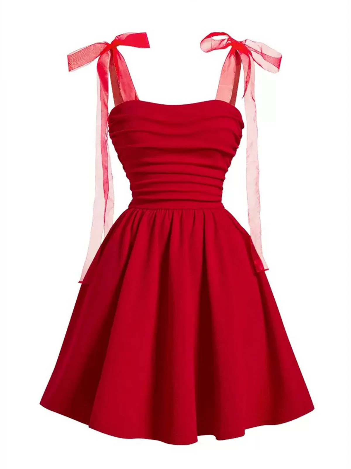 Rot 1950er Netz Bogen Träger Gerafft Kleid - Image 2