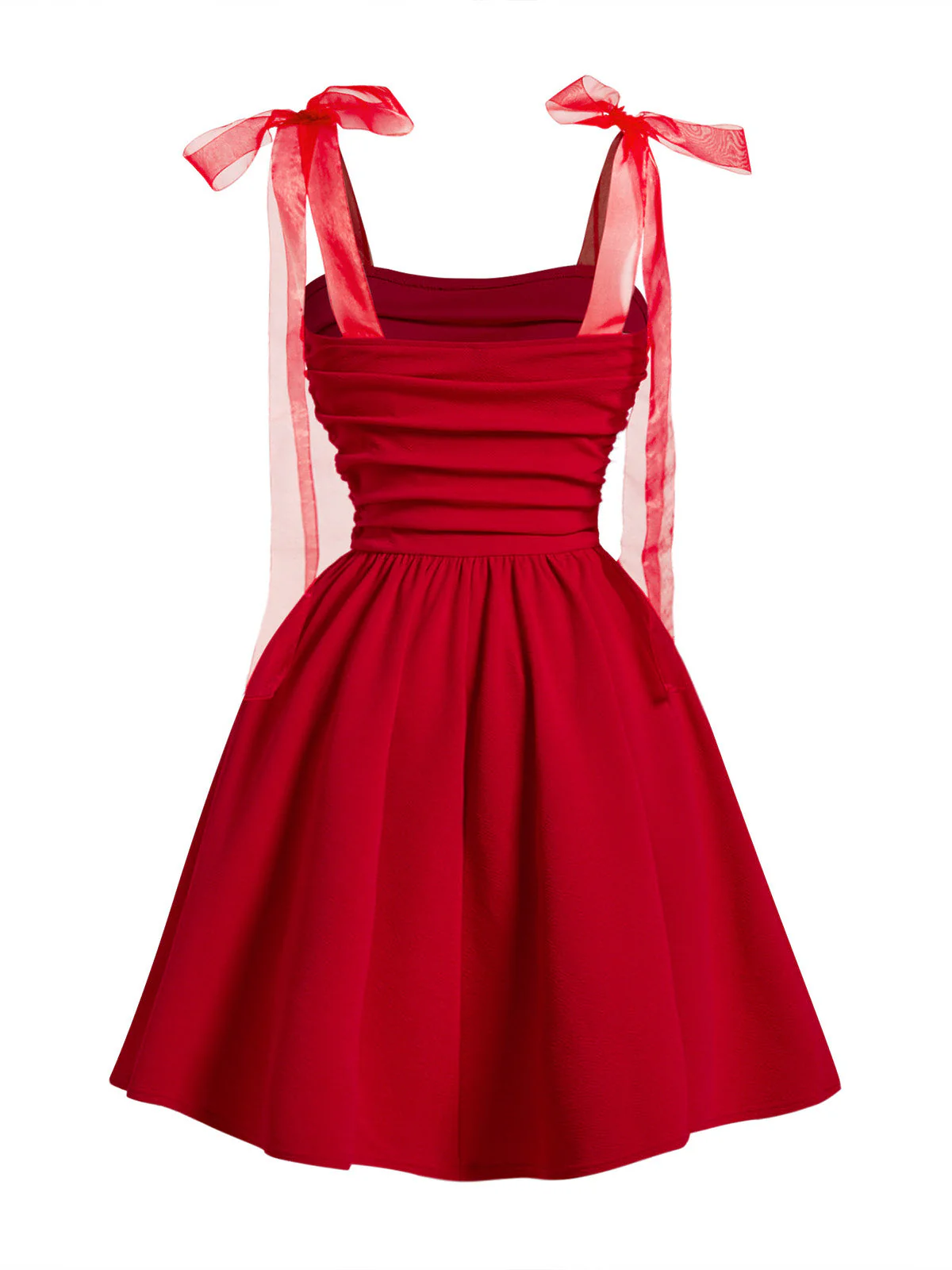 Rot 1950er Netz Bogen Träger Gerafft Kleid - Image 3