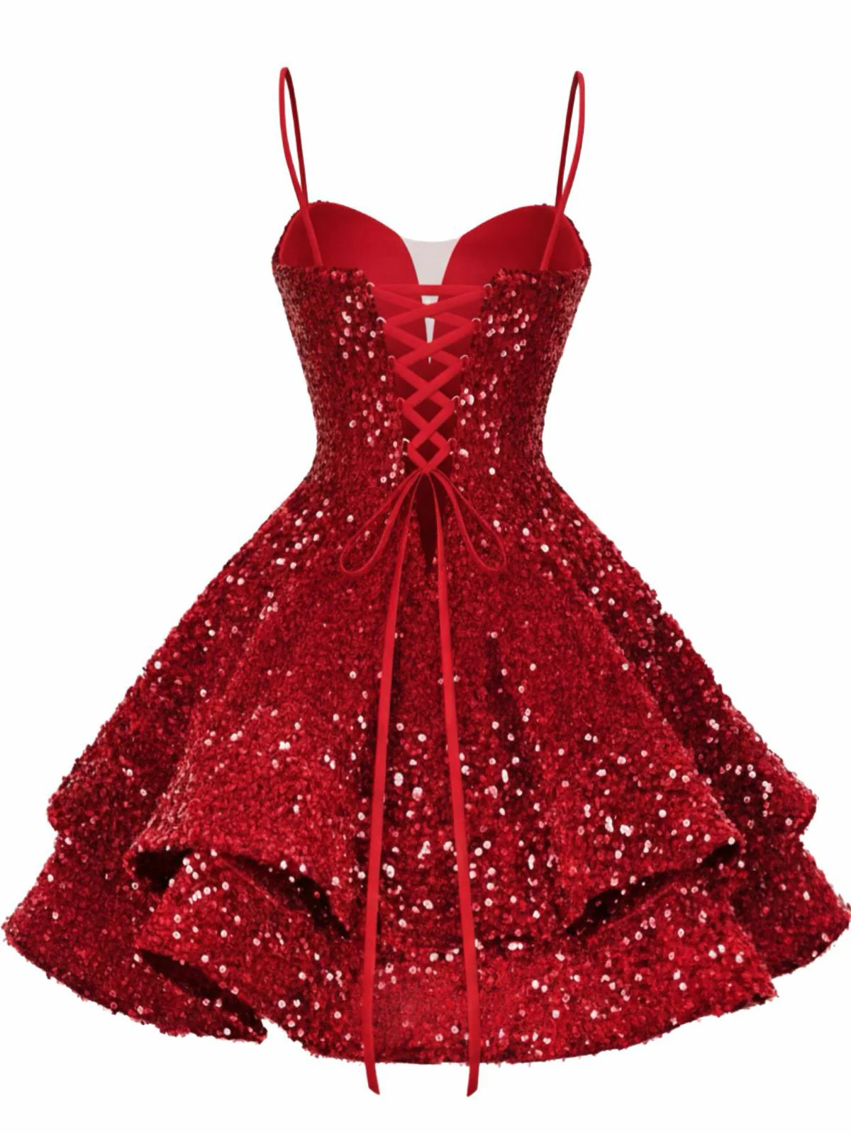 Rot 1950er Pailletten Tief-V Schnür Mini Party Kleid - Image 3