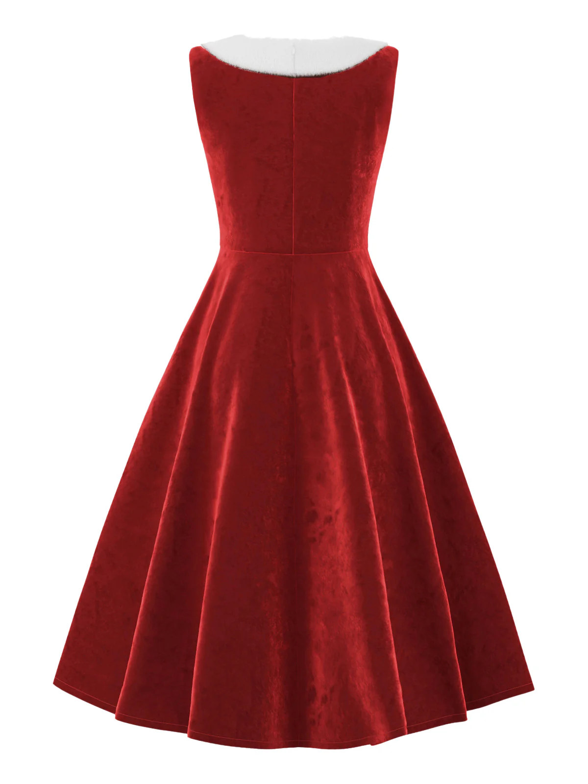 Rot 1950er Pelzkragen Patchwork Samt Kleid - Image 3