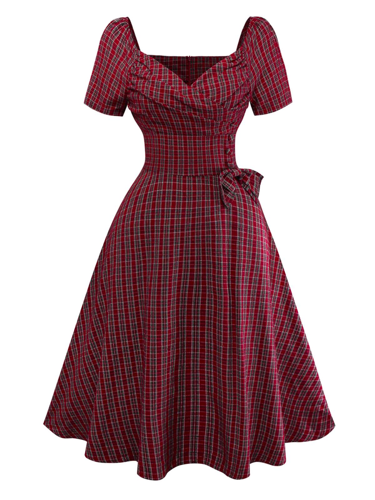 Rot 1950er Plaid Gerüschtes Herzförmiger Hals Bogen Kleid - Image 3