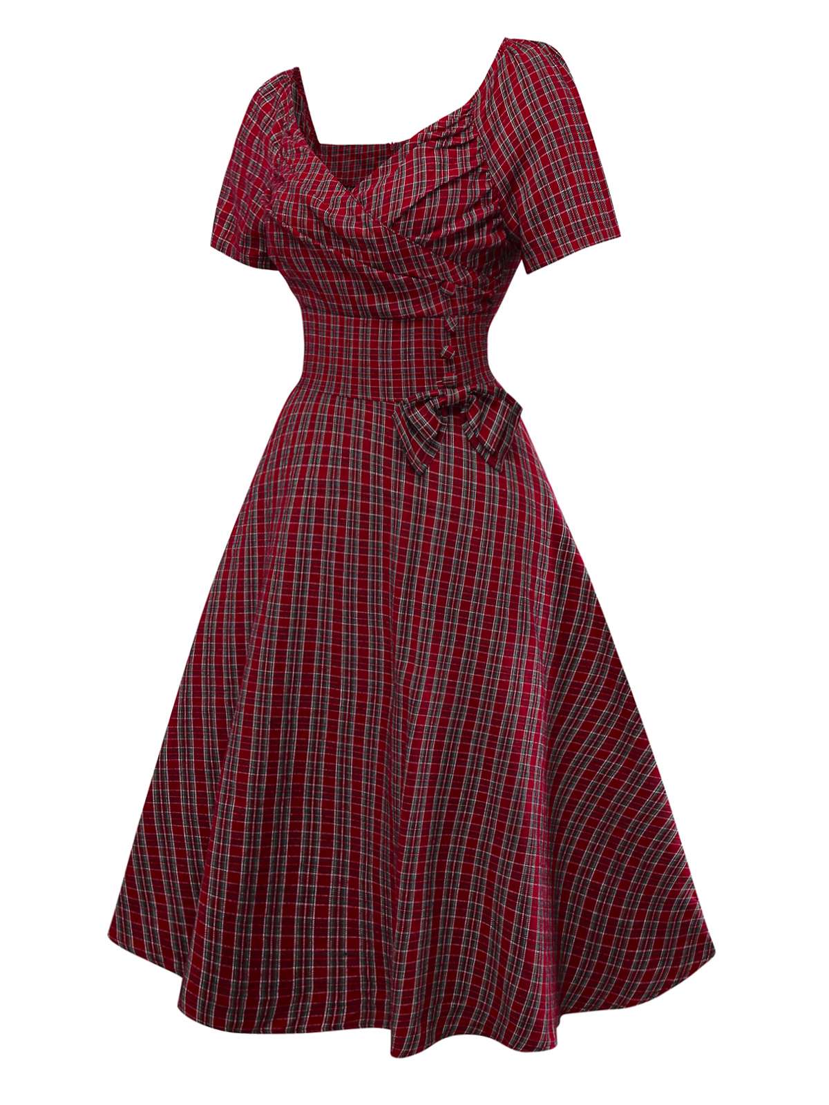 Rot 1950er Plaid Gerüschtes Herzförmiger Hals Bogen Kleid - Image 4