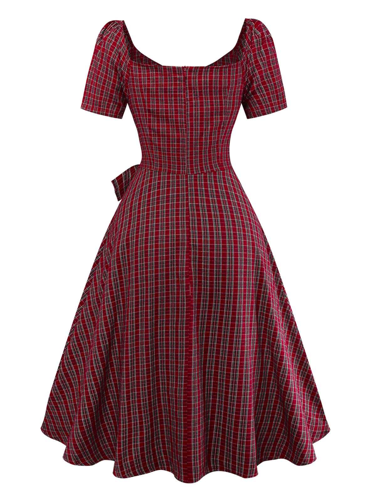 Rot 1950er Plaid Gerüschtes Herzförmiger Hals Bogen Kleid - Image 5