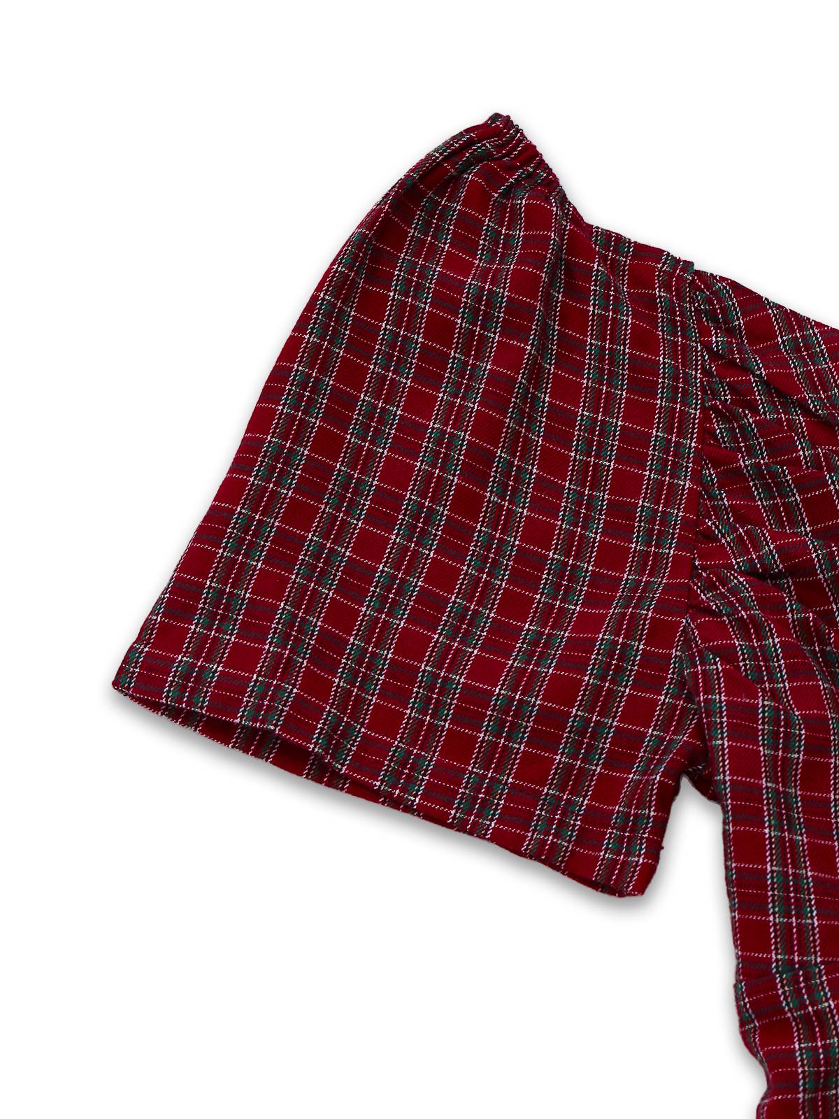 Rot 1950er Plaid Gerüschtes Herzförmiger Hals Bogen Kleid - Image 6