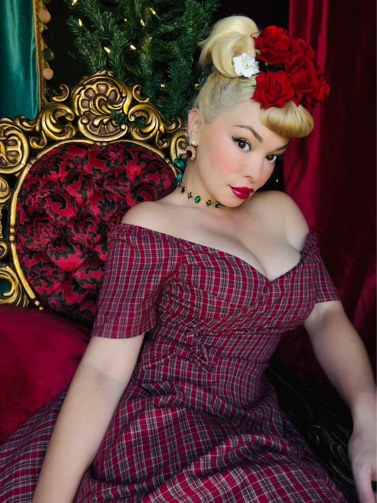 Rot 1950er Plaid Gerüschtes Herzförmiger Hals Bogen Kleid - Image 2