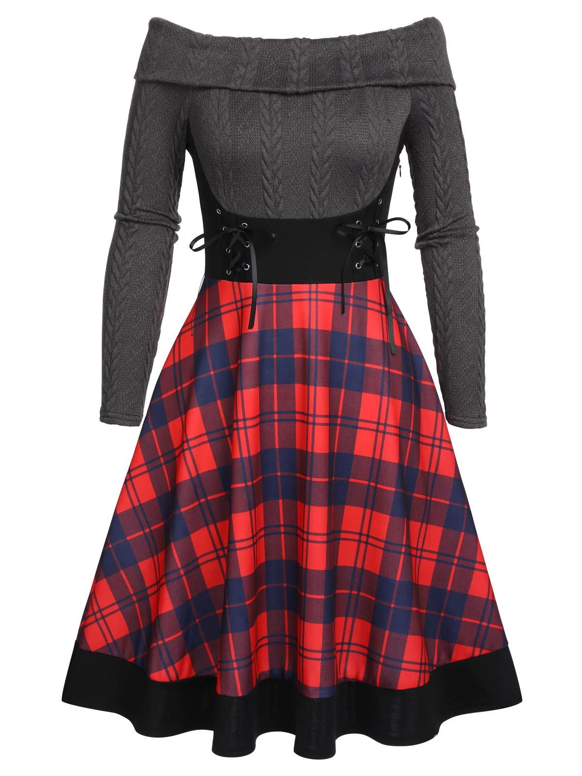 Rot 1950er Karos Gestrickt Schulterfreies Kleid