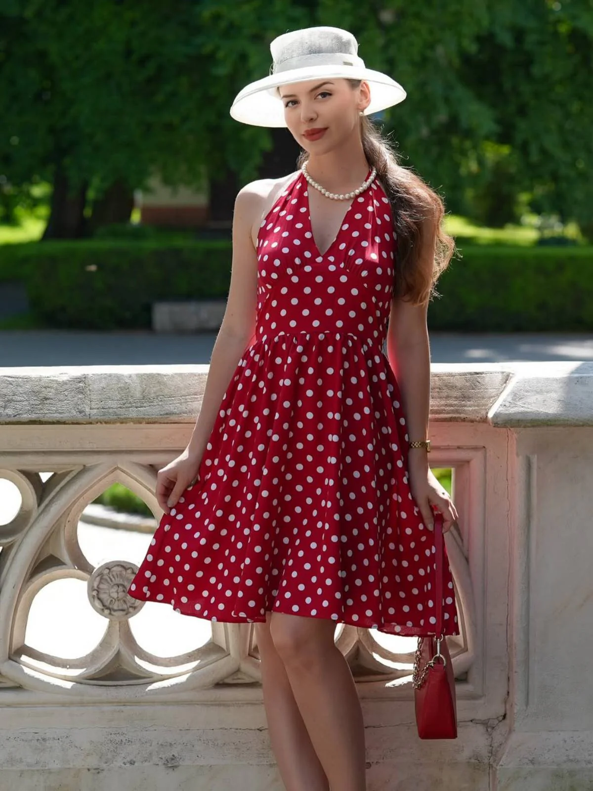 Rot 1950er Polka Dot Halter Kleid Mit Accessoires Set - Image 3