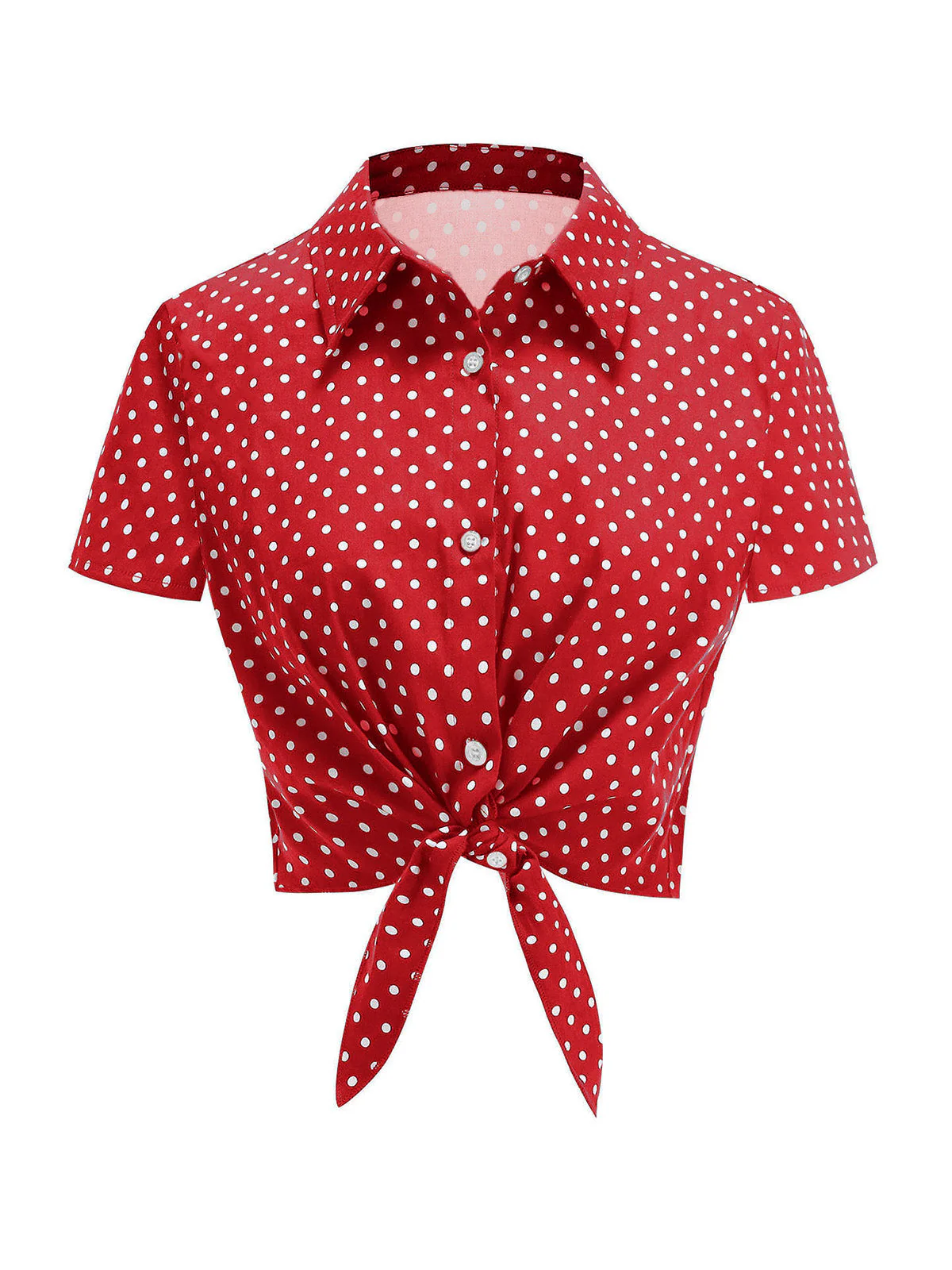 Rot 1950er Polka Dot Vorne gebunden Kurz Bluse