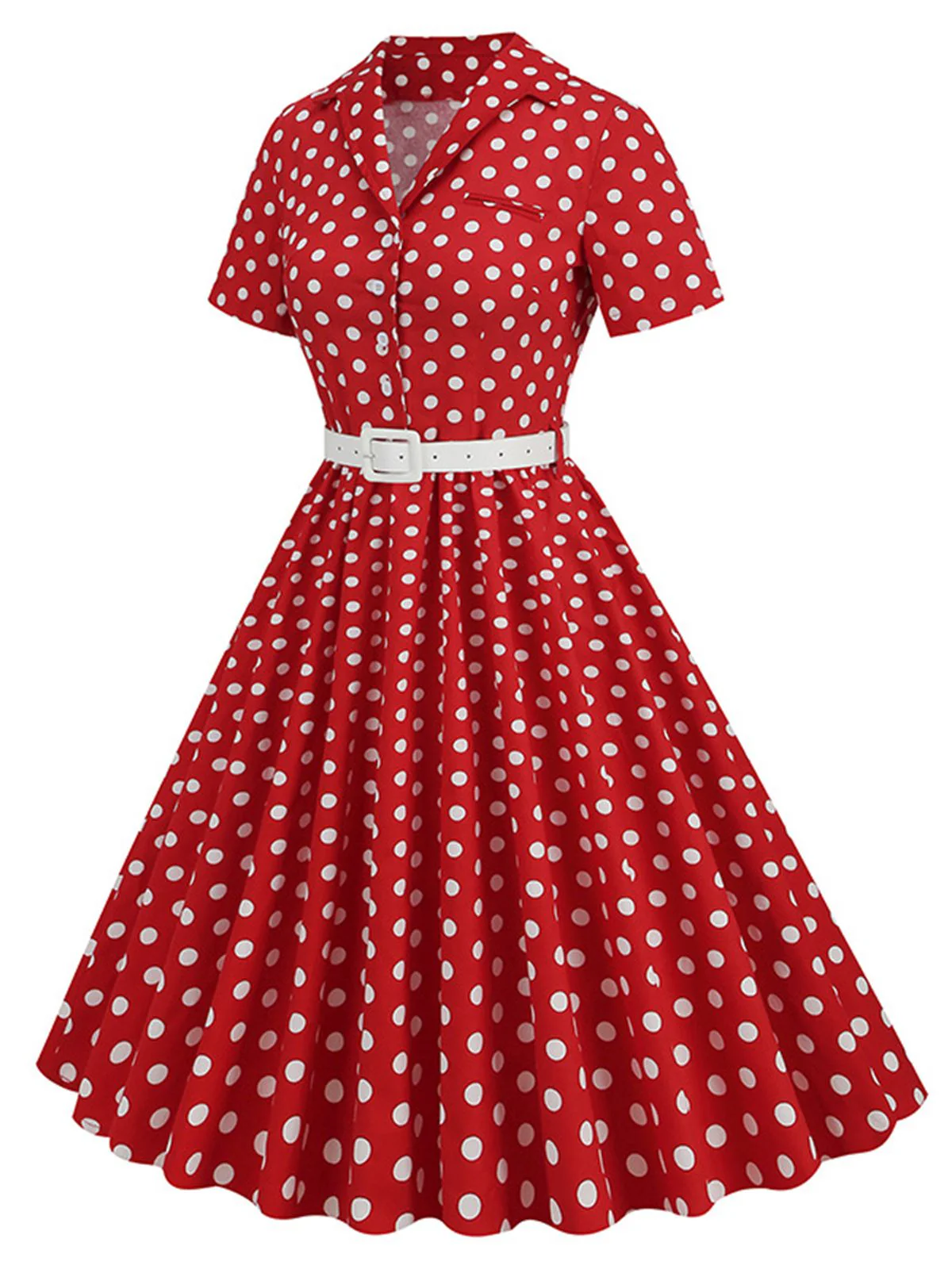 Rot 1950er Polka Dots Revers Gürtel Swing Kleid mit Zubehör-Set - Image 3