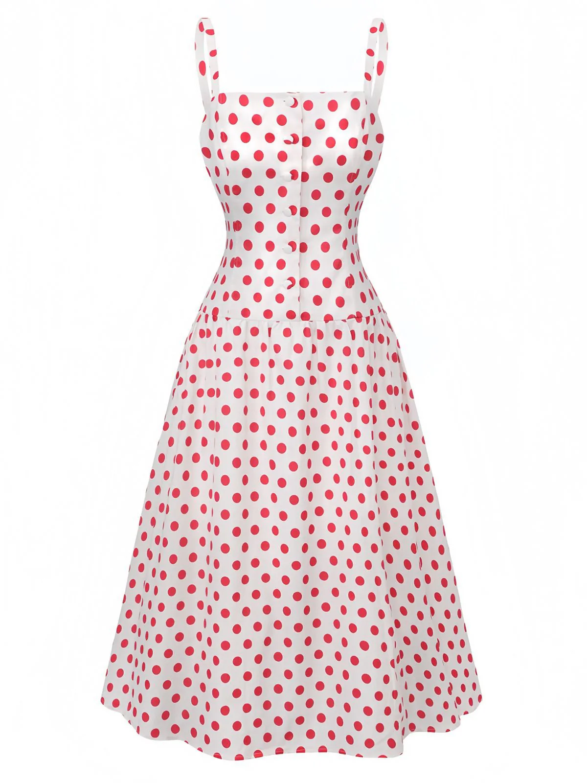 Rot 1950er Polka Punkte Quadratischer Hals Breit Träger Kleid - Image 2