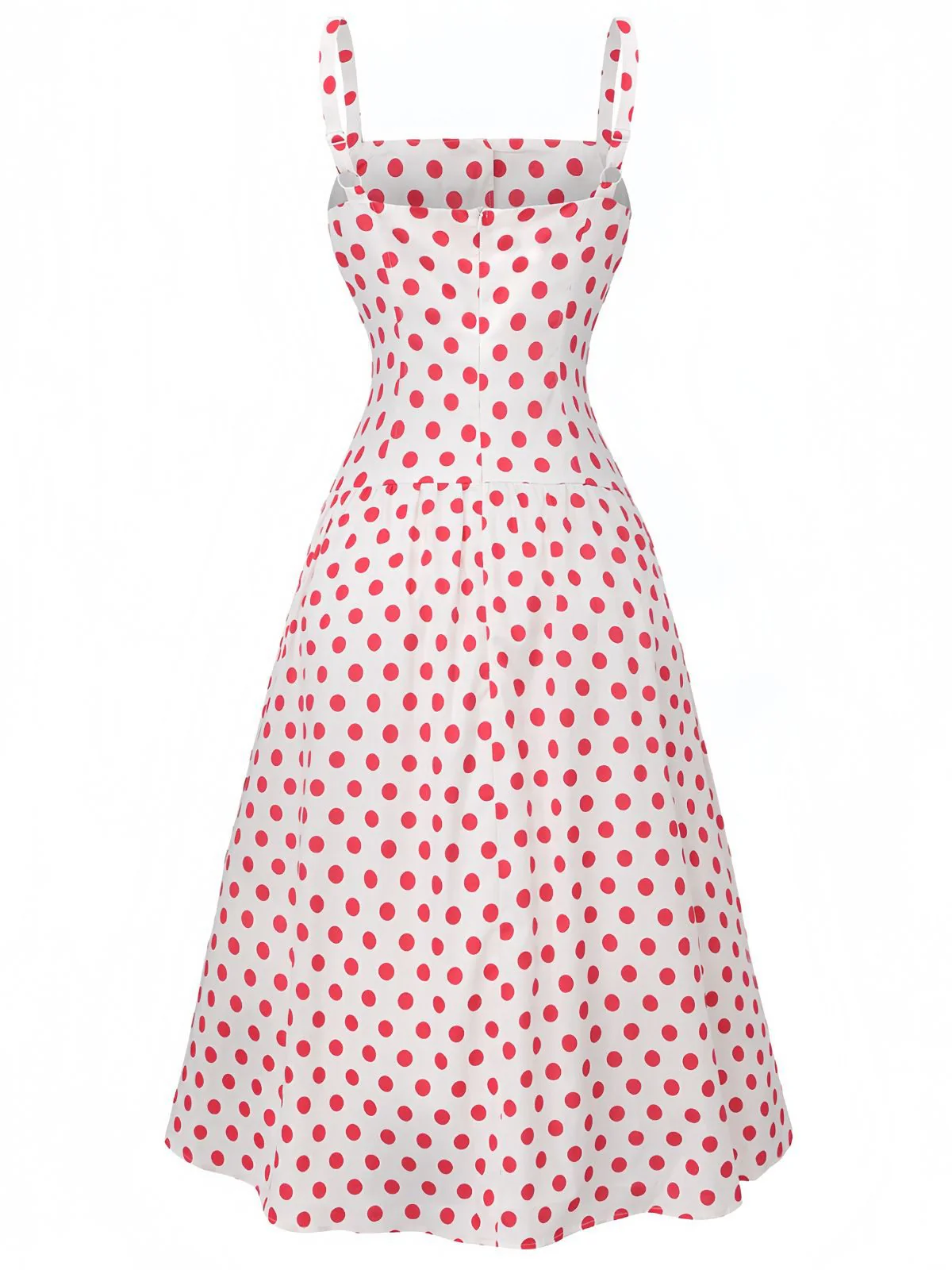 Rot 1950er Polka Punkte Quadratischer Hals Breit Träger Kleid - Image 3