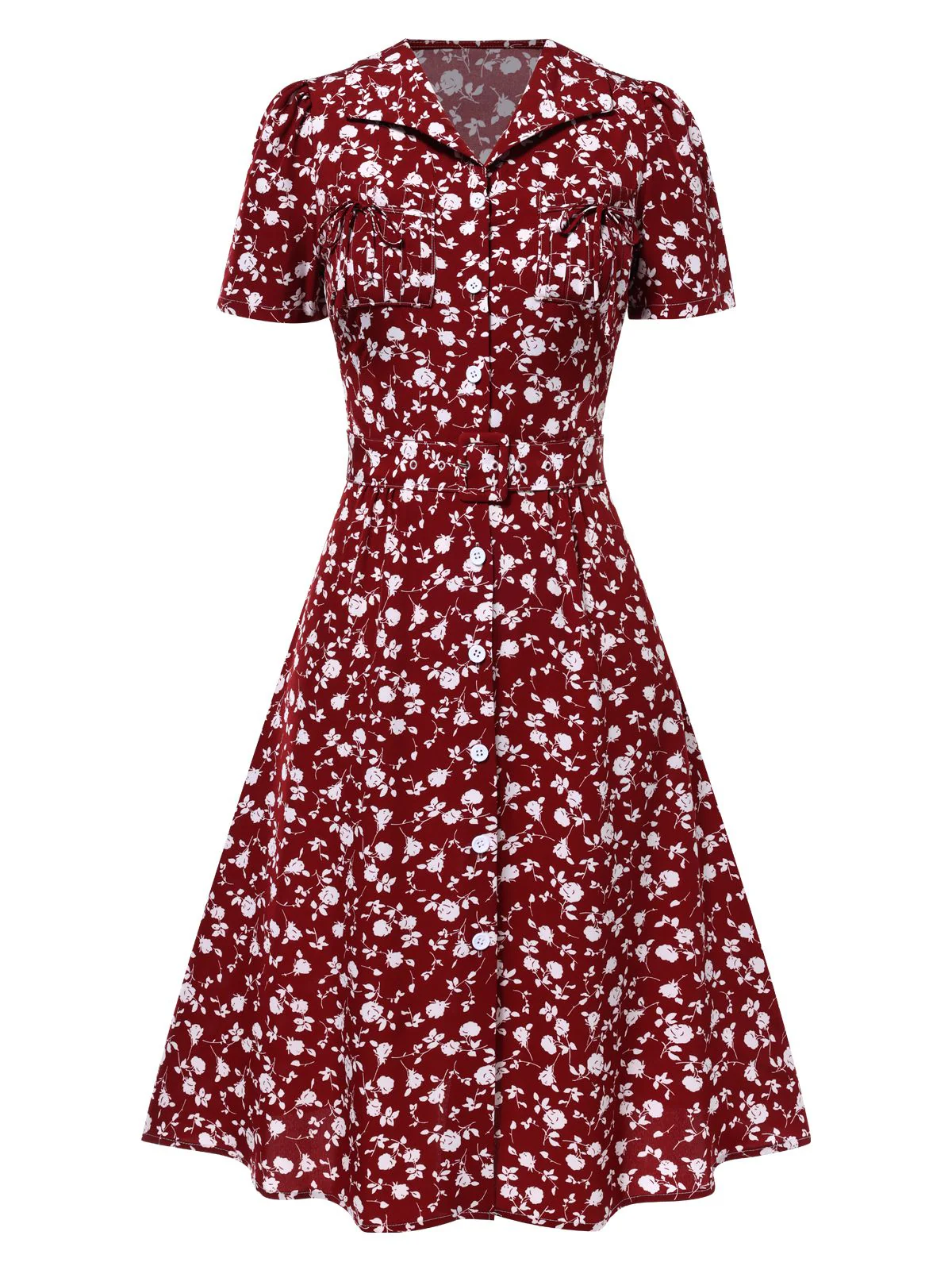 Rot 1950er Revers Knöpfen Blümchen Kleid - Image 2
