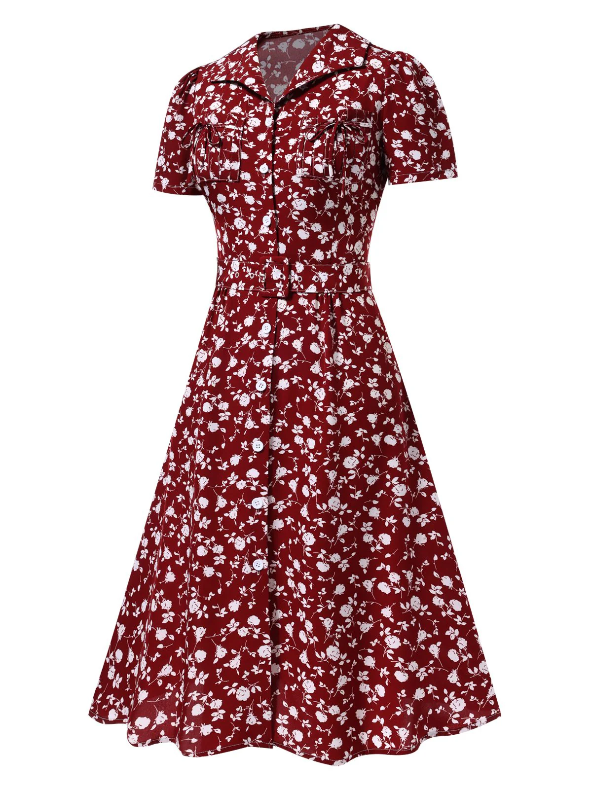 Rot 1950er Revers Knöpfen Blümchen Kleid - Image 3