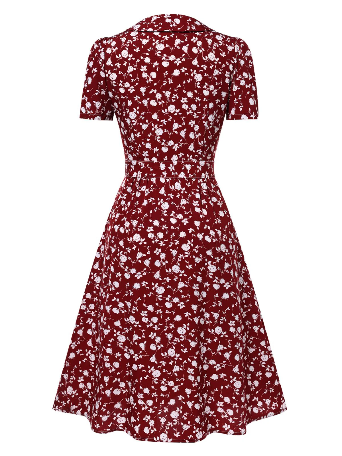 Rot 1950er Revers Knöpfen Blümchen Kleid - Image 4