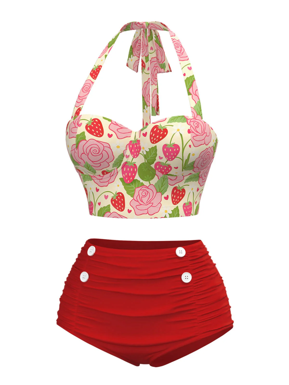 Rot 1950er Rose & Erdbeere Halter Badeanzug - Image 2
