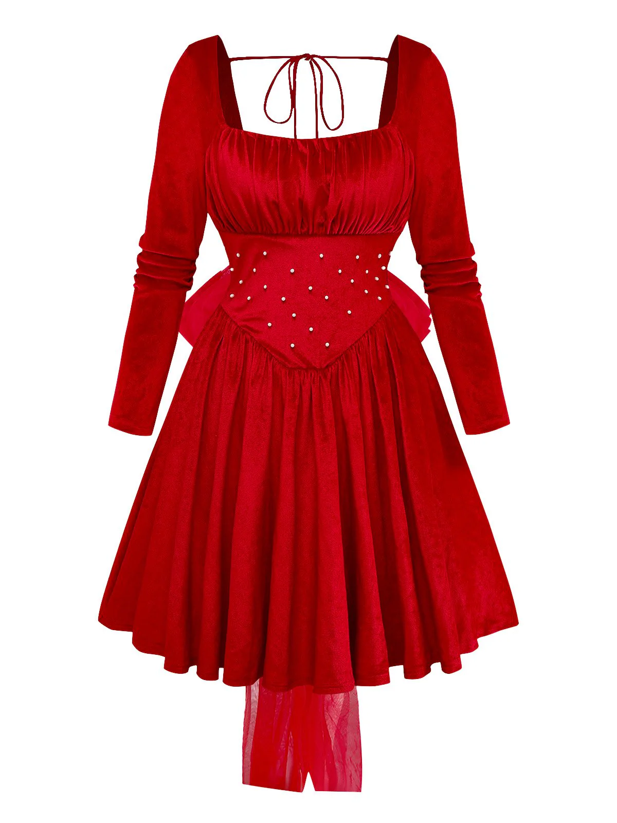 Rot 1950er Samt Perle Gerüschtes Tüll Bogen Kleid - Image 2
