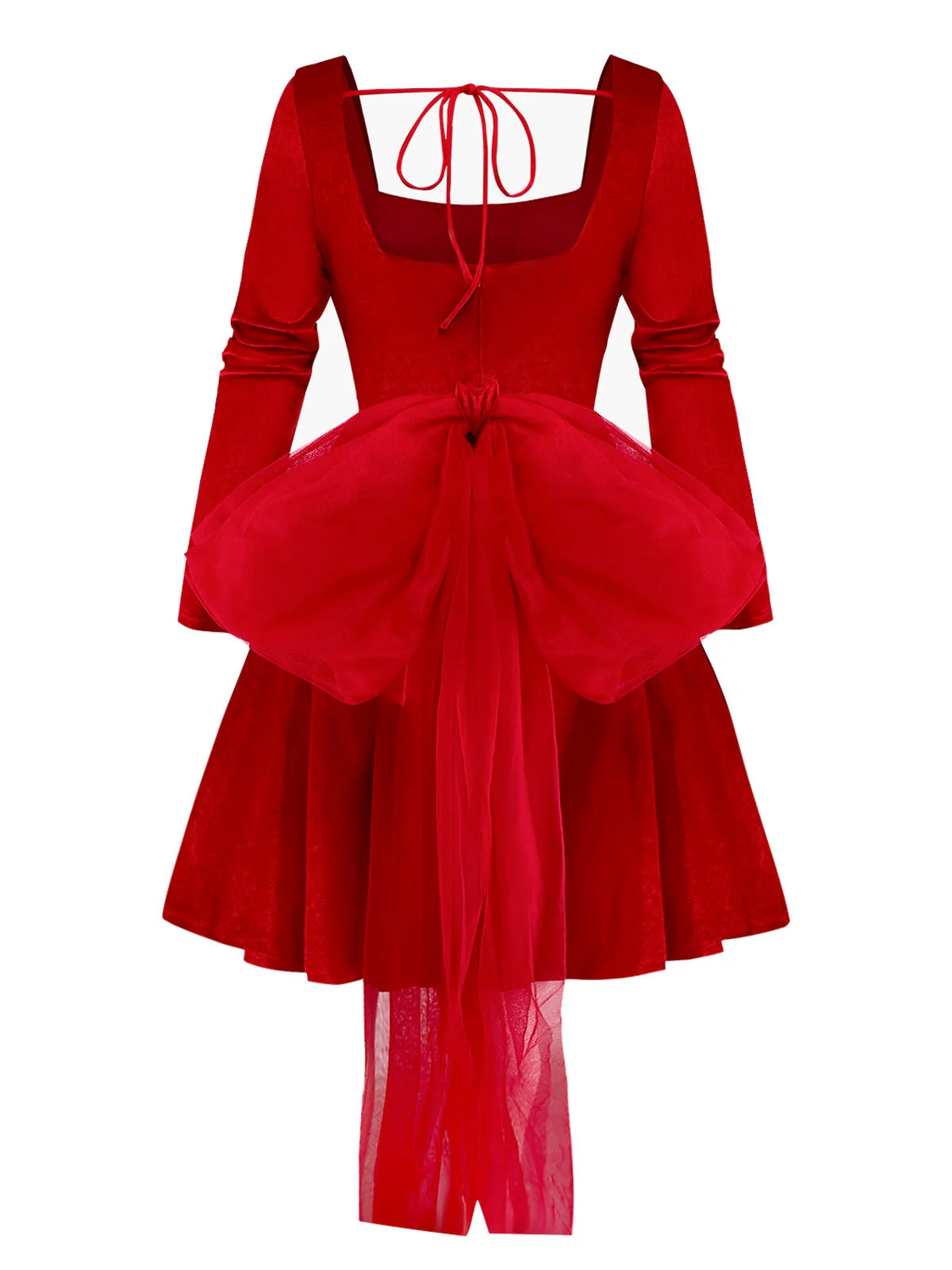 Rot 1950er Samt Perle Gerüschtes Tüll Bogen Kleid - Image 3