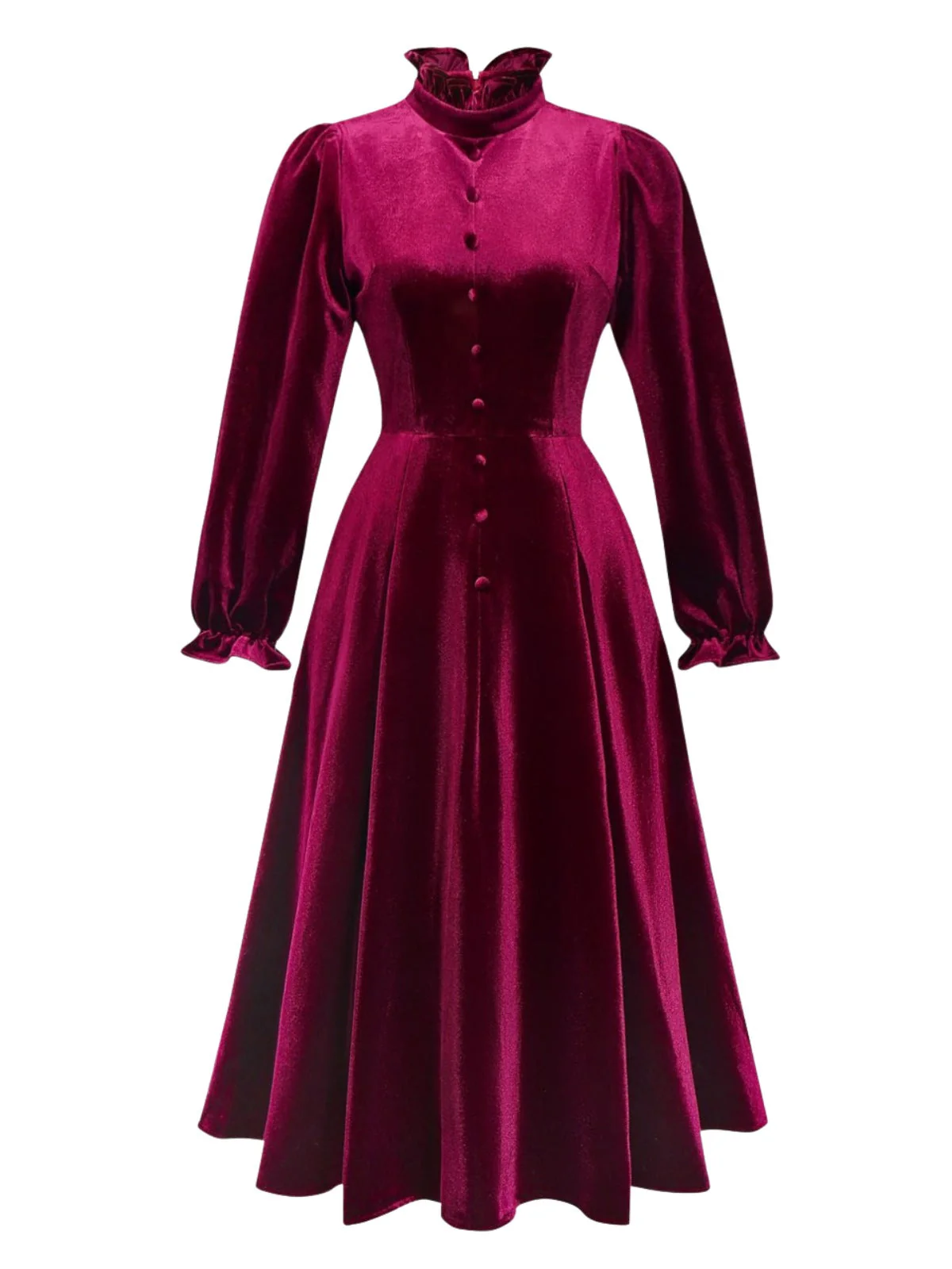 Rot 1950er Samt Rüschenkragen Laternenärmel Kleid - Image 2