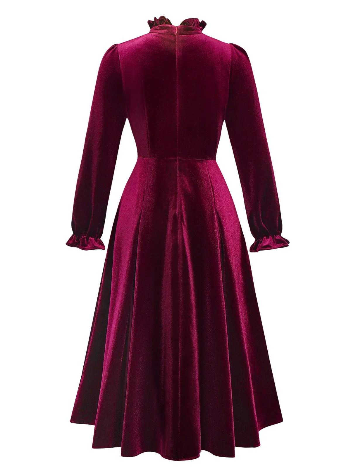Rot 1950er Samt Rüschenkragen Laternenärmel Kleid - Image 3
