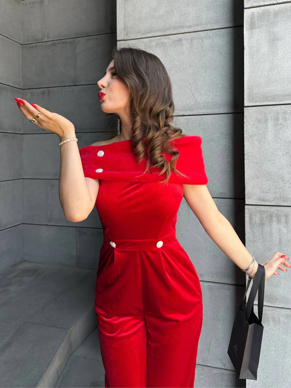 Rot 1950er Samt Schulterfrei Taste Jumpsuit - Image 3