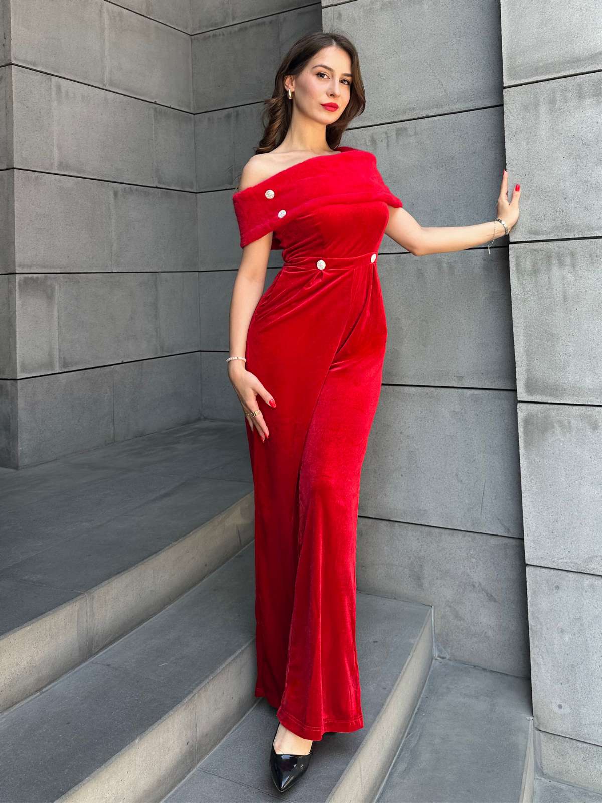 Rot 1950er Samt Schulterfrei Taste Jumpsuit - Image 2