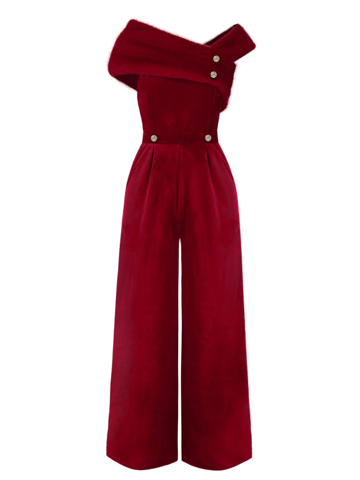 Rot 1950er Samt Schulterfrei Taste Jumpsuit - Image 3