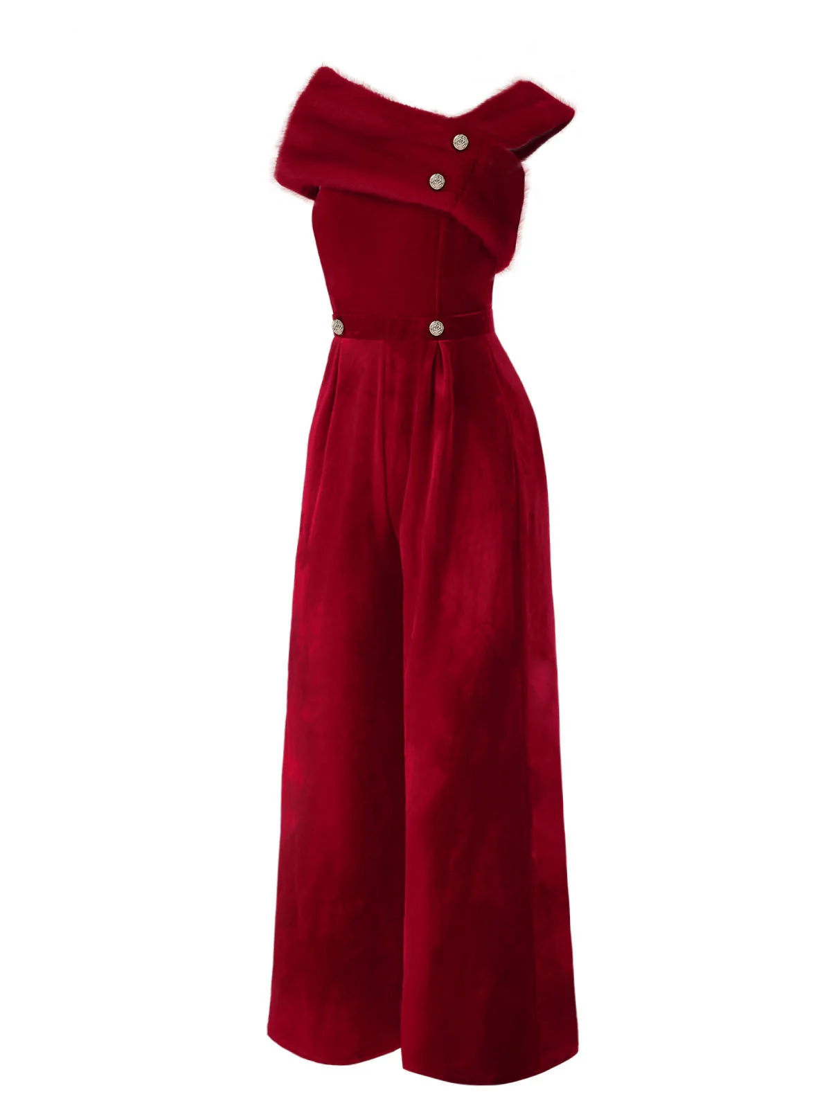 Rot 1950er Samt Schulterfrei Taste Jumpsuit - Image 4