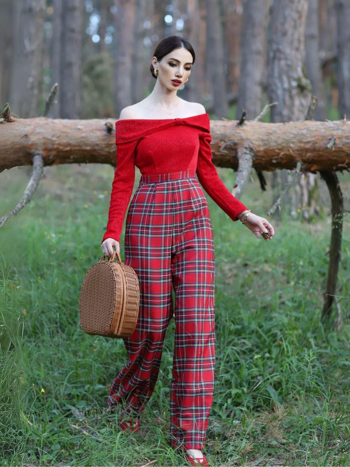 Rot 1950er Schulterfrei Plaids Jumpsuit - Image 2