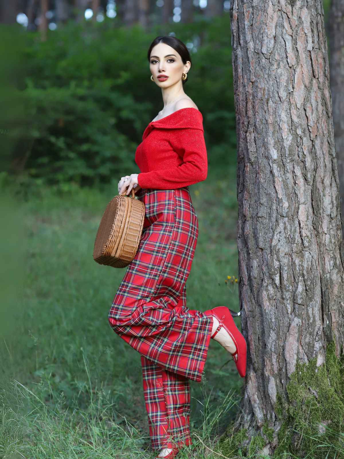 Rot 1950er Schulterfrei Plaids Jumpsuit - Image 2