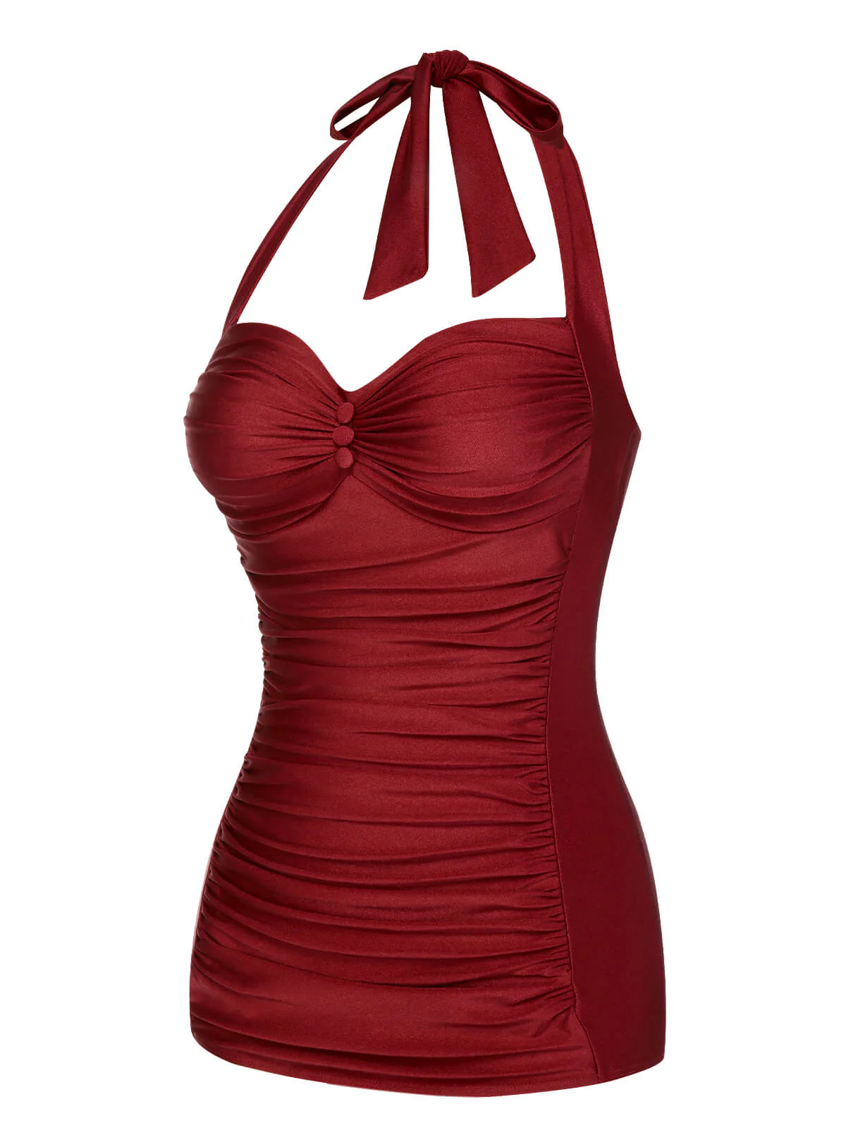 Rot 1950er Solide Halter Falten Badeanzug - Image 3