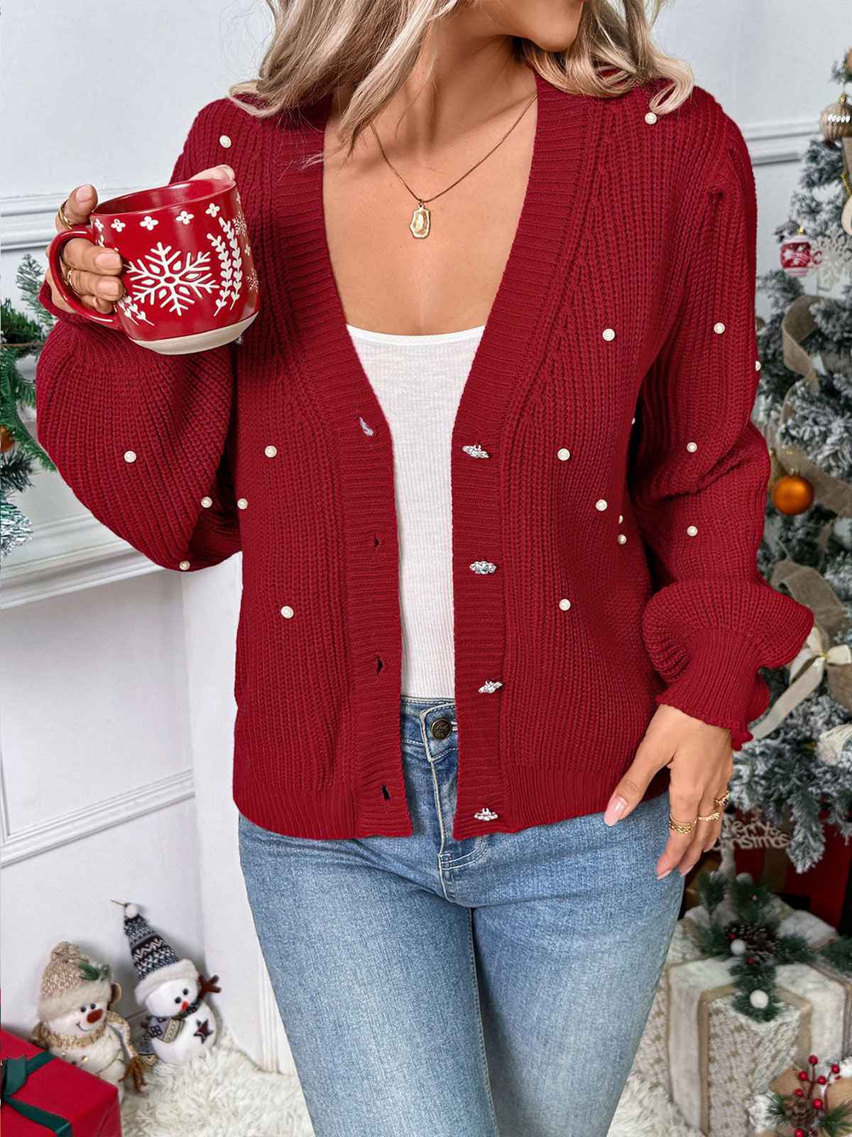 Rot 1950er Solide Perlen Perlenbesatz Locker Stricken Strickjacke - Image 2