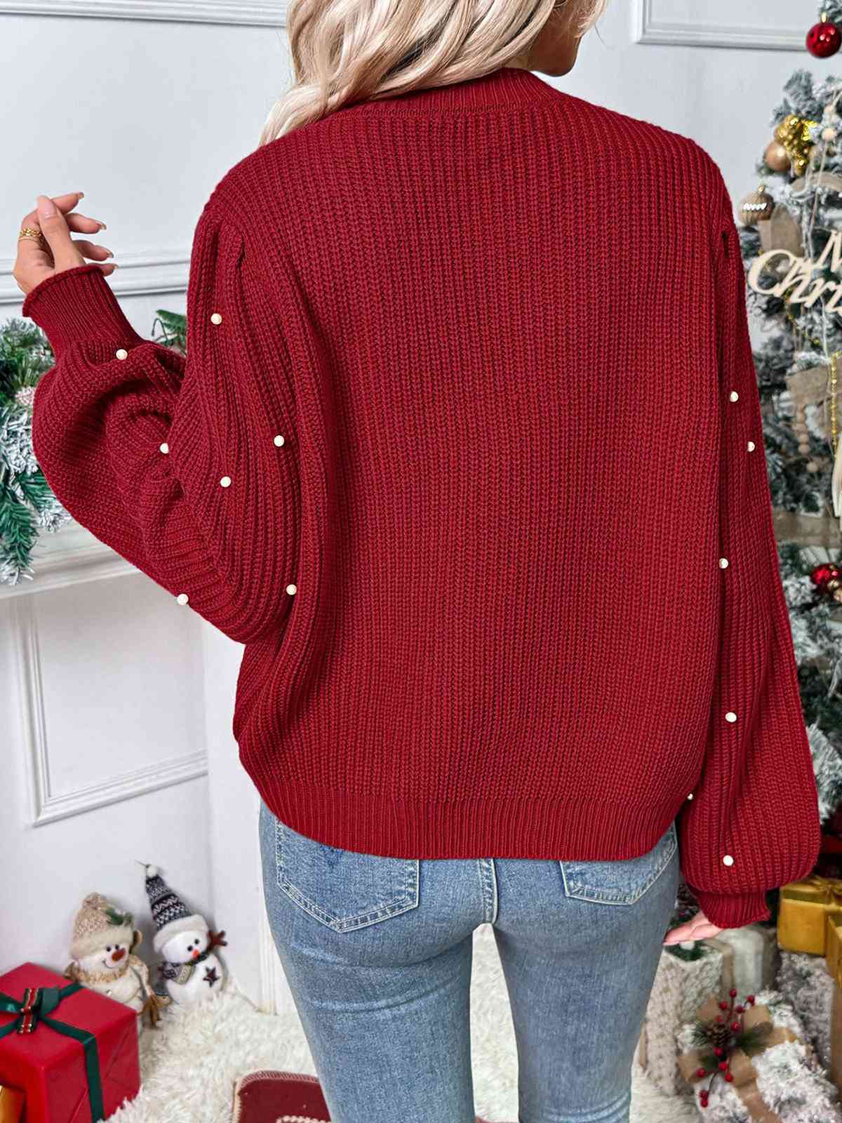 Rot 1950er Solide Perlen Perlenbesatz Locker Stricken Strickjacke - Image 3
