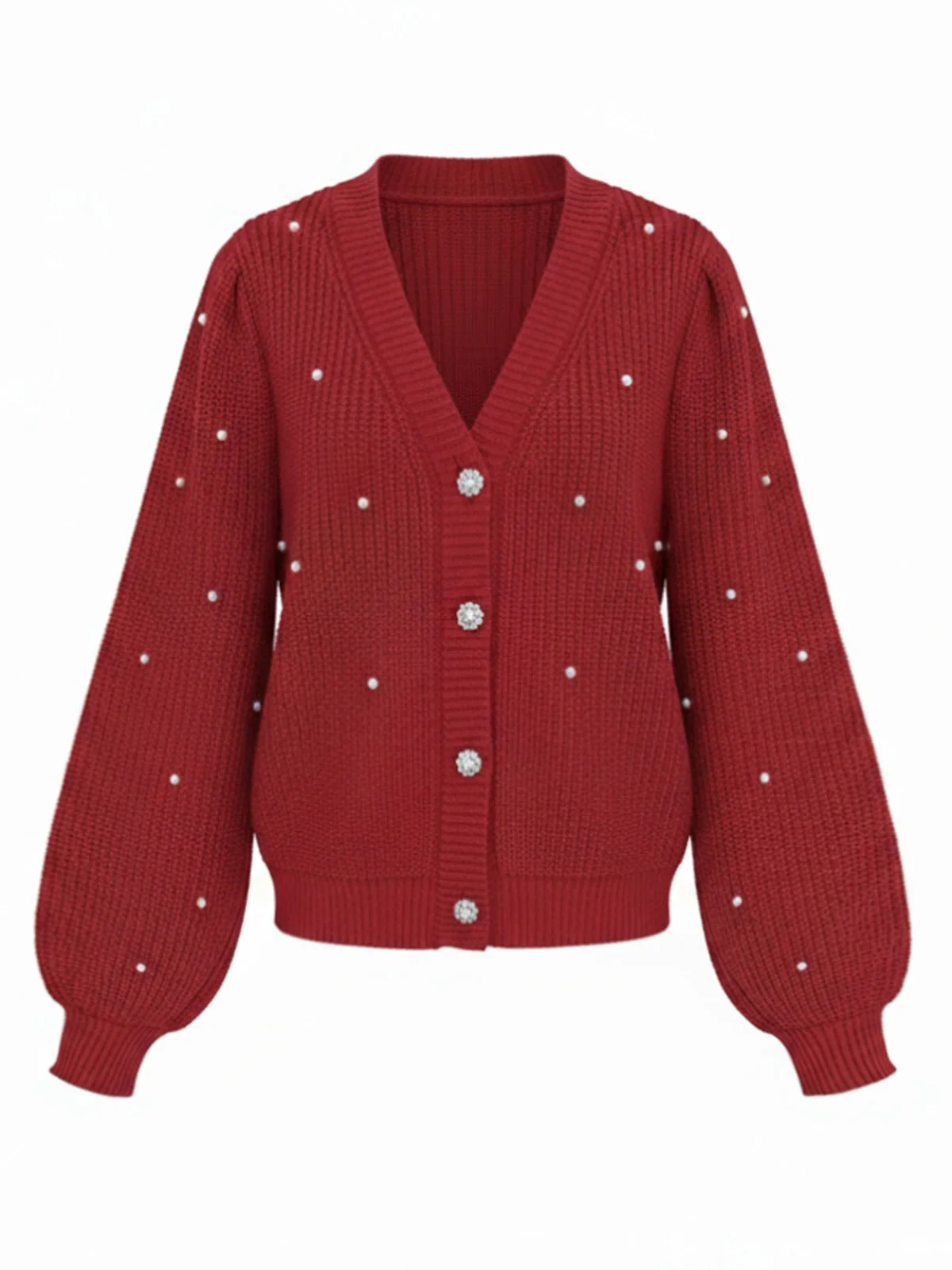 Rot 1950er Solide Perlen Perlenbesatz Locker Stricken Strickjacke - Image 5