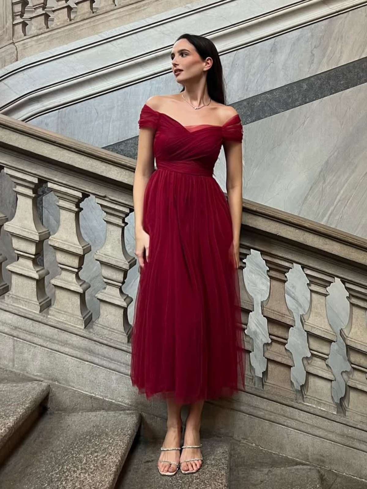 Rot 1950er Spaghetti Träger Schulterfrei Masche Kleid - Image 2
