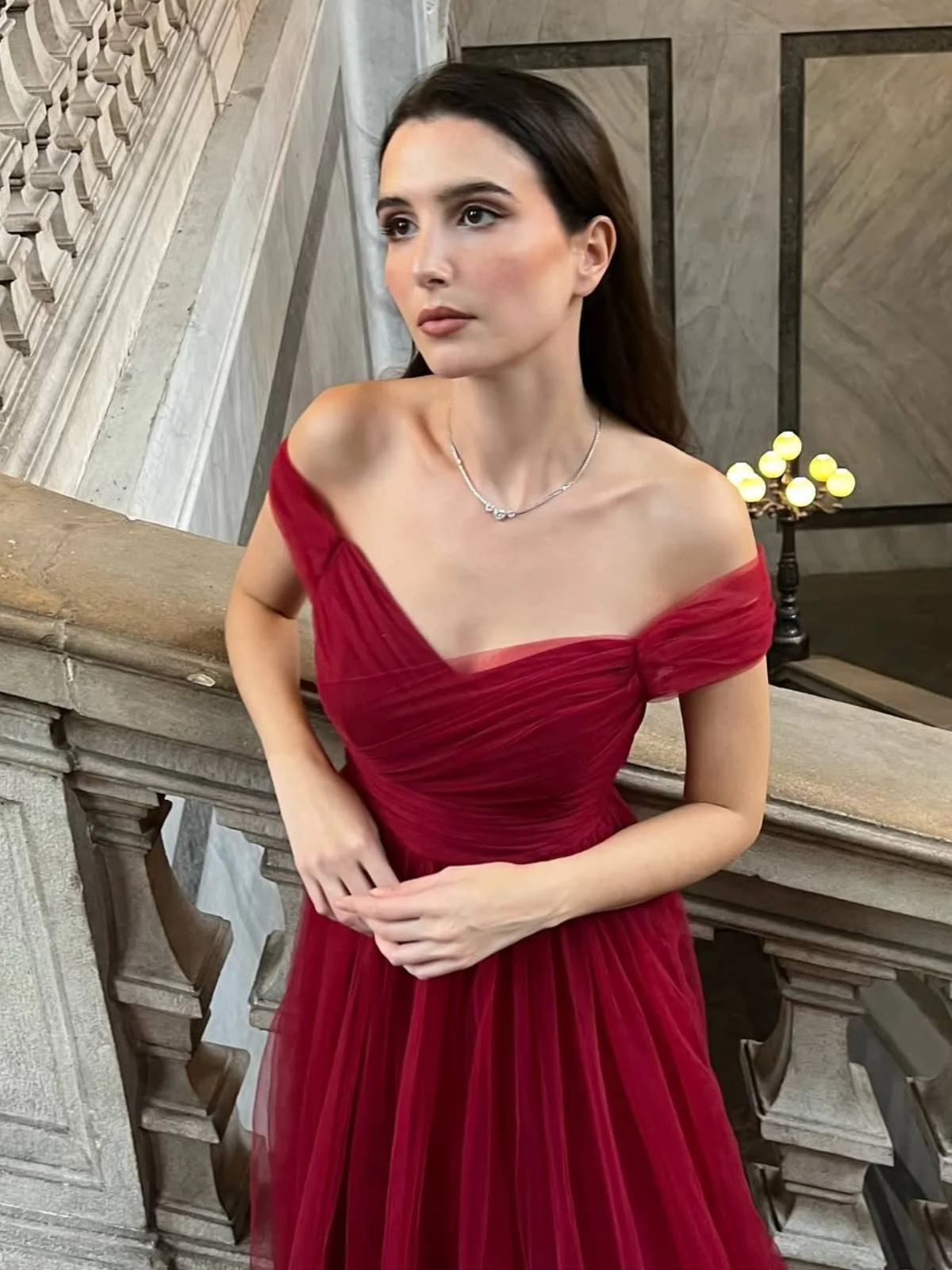 Rot 1950er Spaghetti Träger Schulterfrei Masche Kleid - Image 3