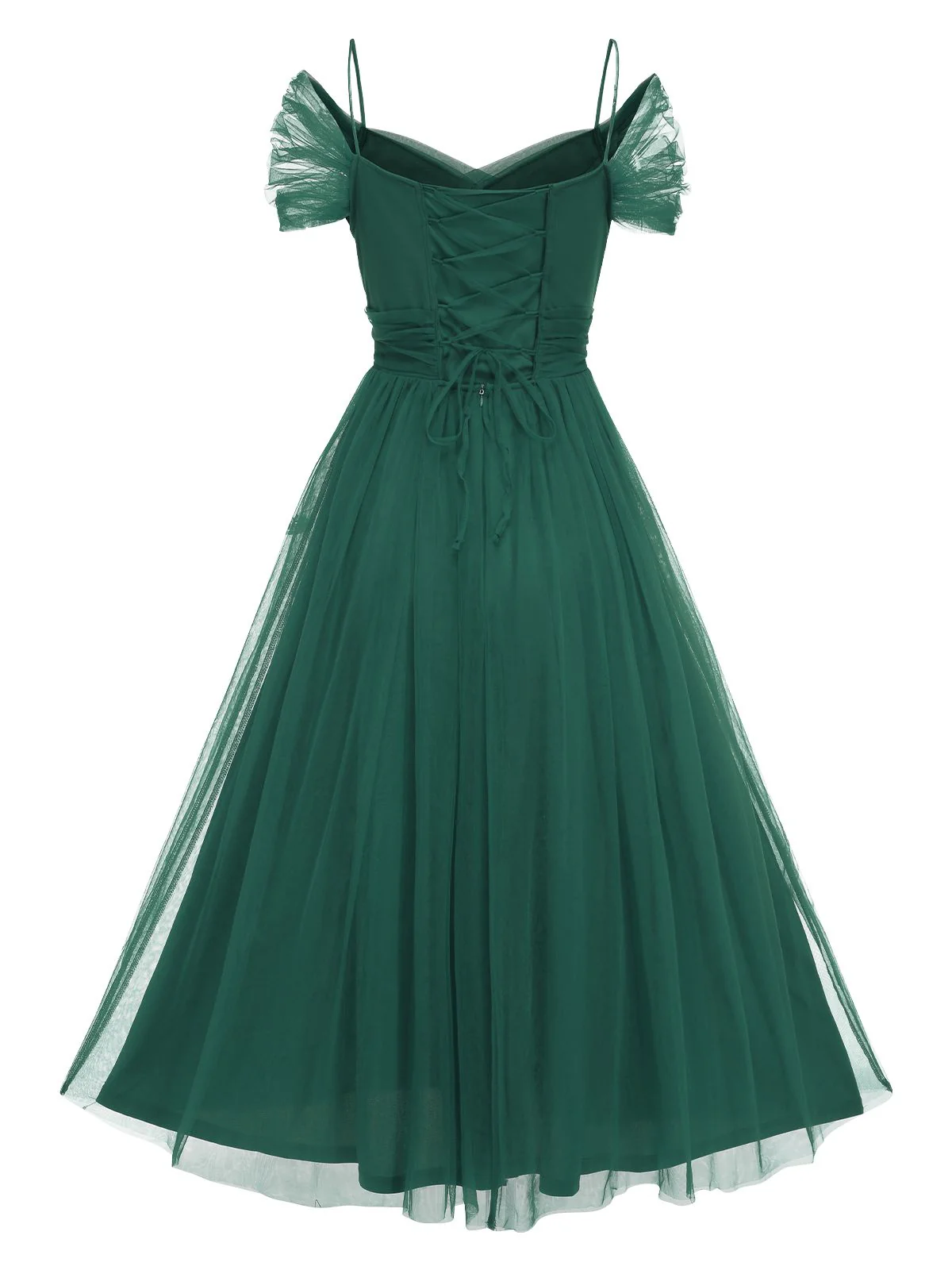 Grün 1950er Spaghetti Träger Schulterfrei Masche Kleid - Image 3