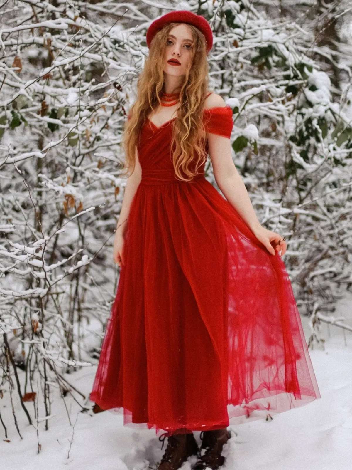 Rot 1950er Spaghetti Träger Schulterfrei Masche Kleid - Image 3