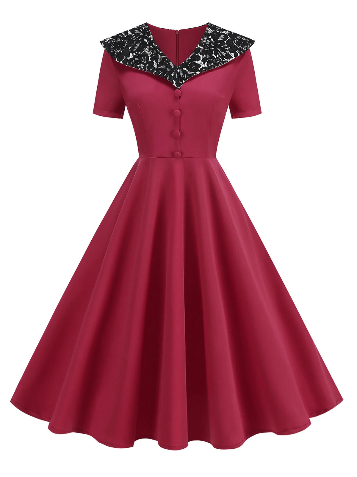 Rot 1950er Spitze Blumen Matrosen Kragen Swing Kleid - Image 2