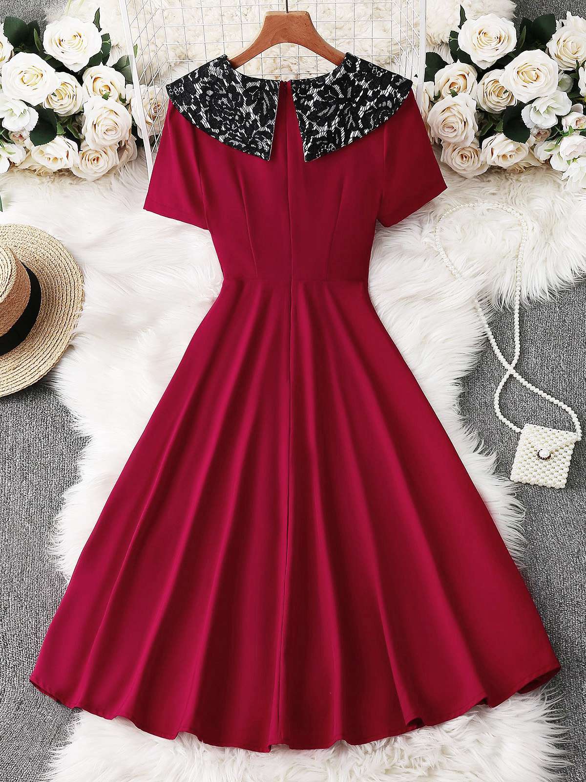 Rot 1950er Spitze Blumen Matrosen Kragen Swing Kleid - Image 4
