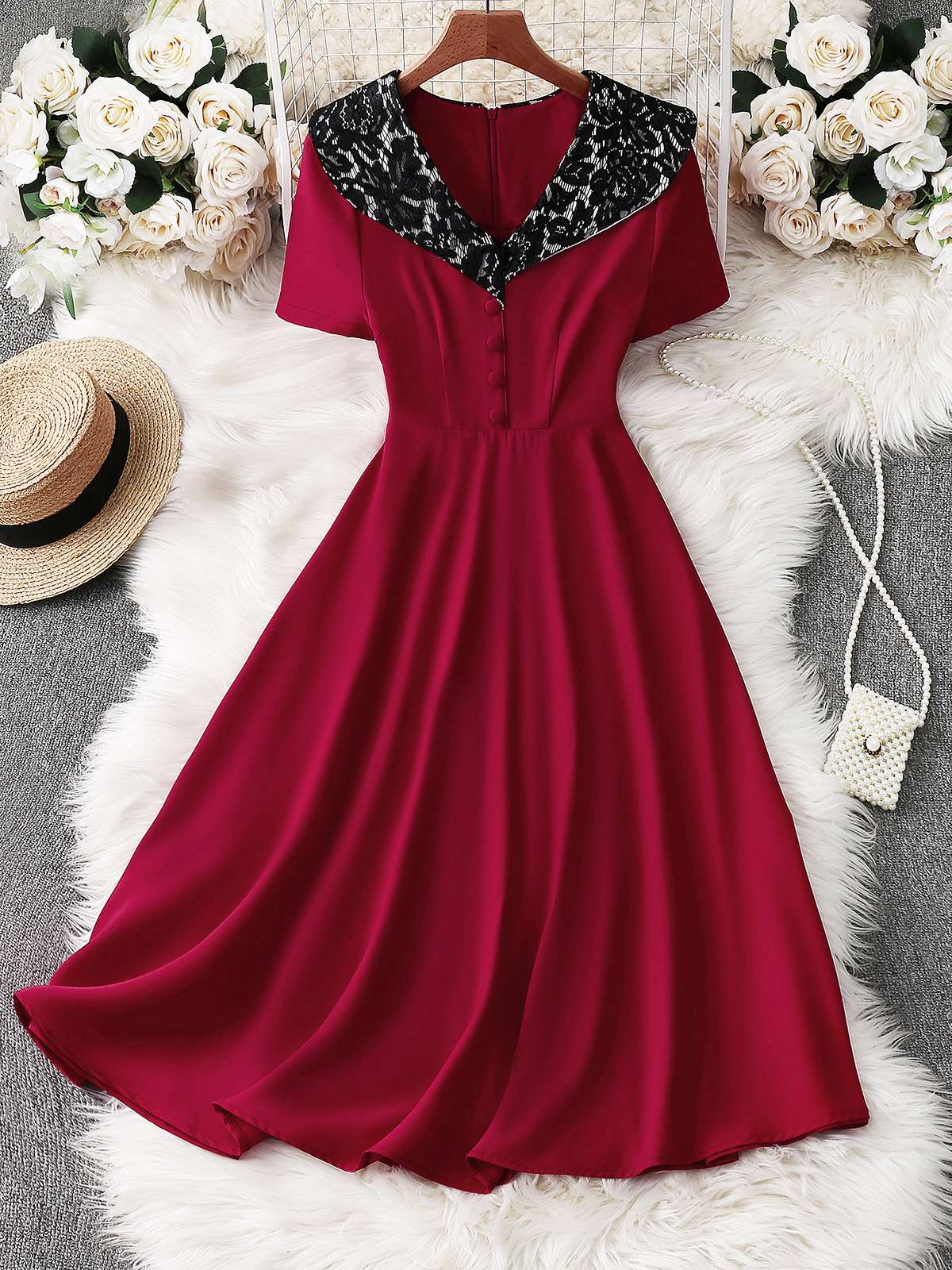 Rot 1950er Spitze Blumen Matrosen Kragen Swing Kleid - Image 5