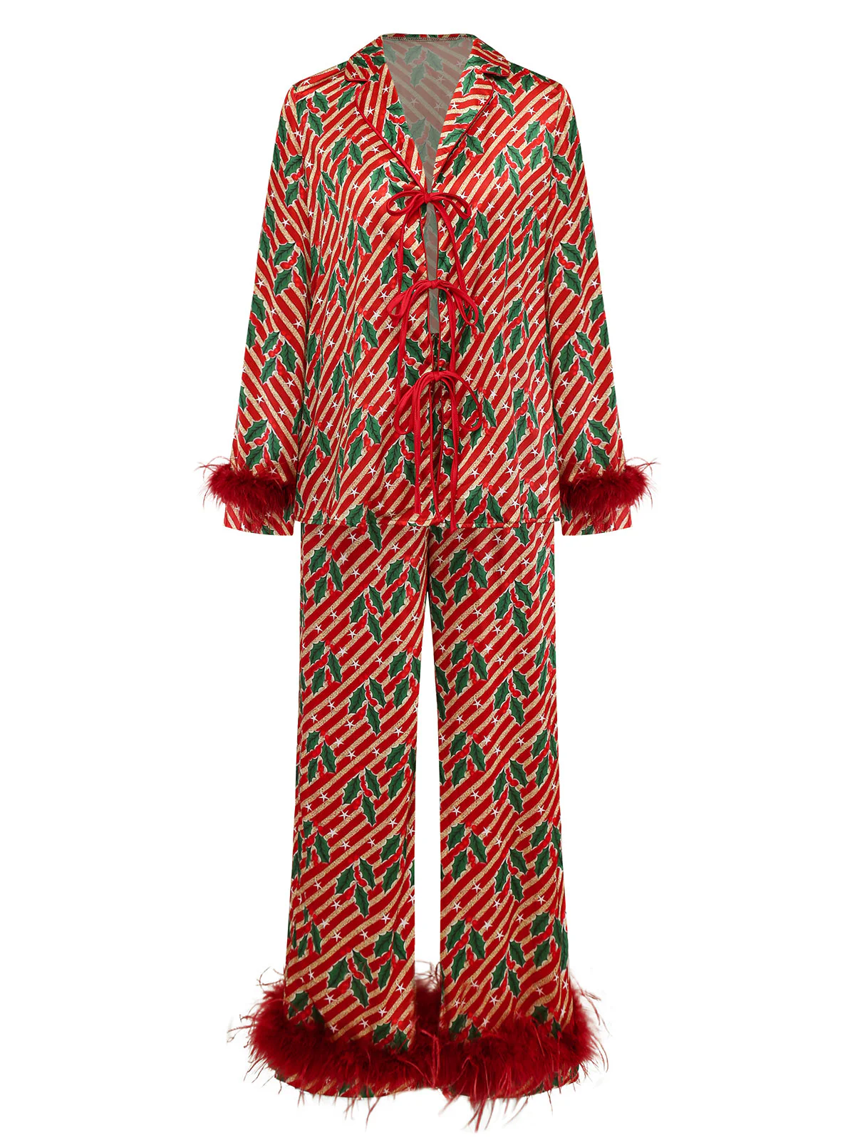 Rot 1950er Stechpalme & Candy Streifen Feder Pajama Set - Image 2