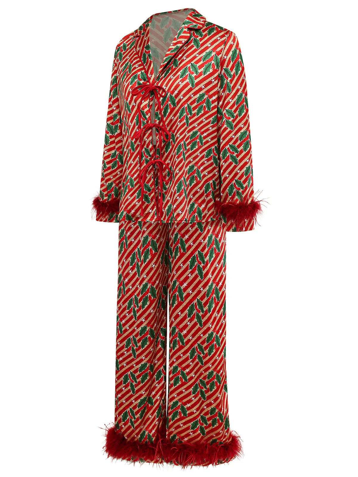 Rot 1950er Stechpalme & Candy Streifen Feder Pajama Set - Image 3