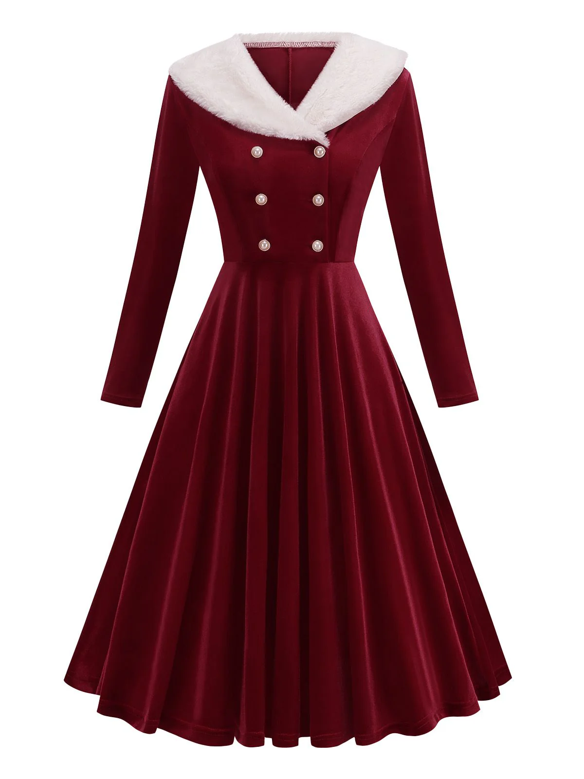 Rot 1950er Weihnachten Samt Santa Pelzkragen Perle Kleid - Image 2