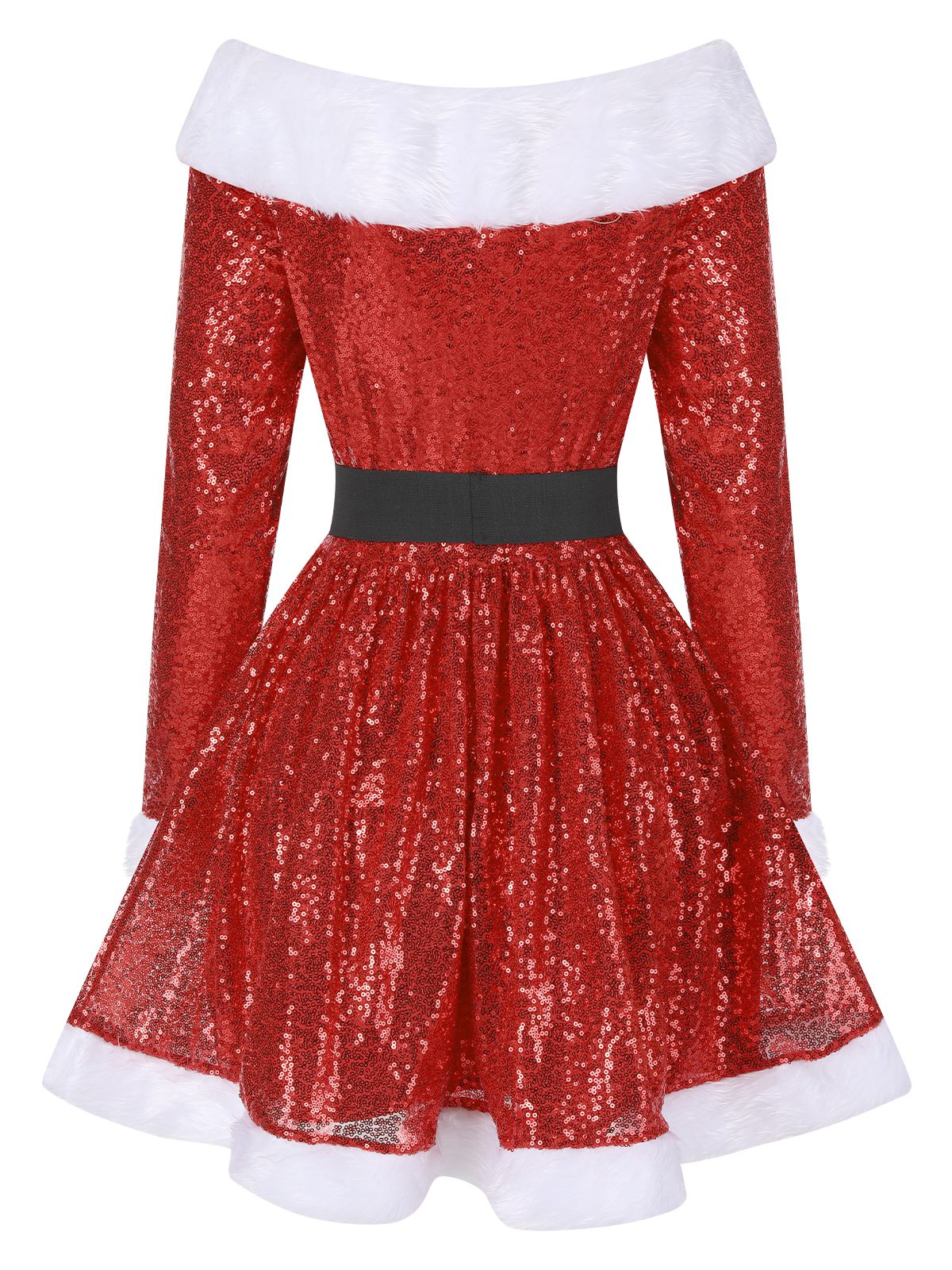Rot 1950er Weihnachten Schulterfrei Fell Gürtel Kleid - Image 3