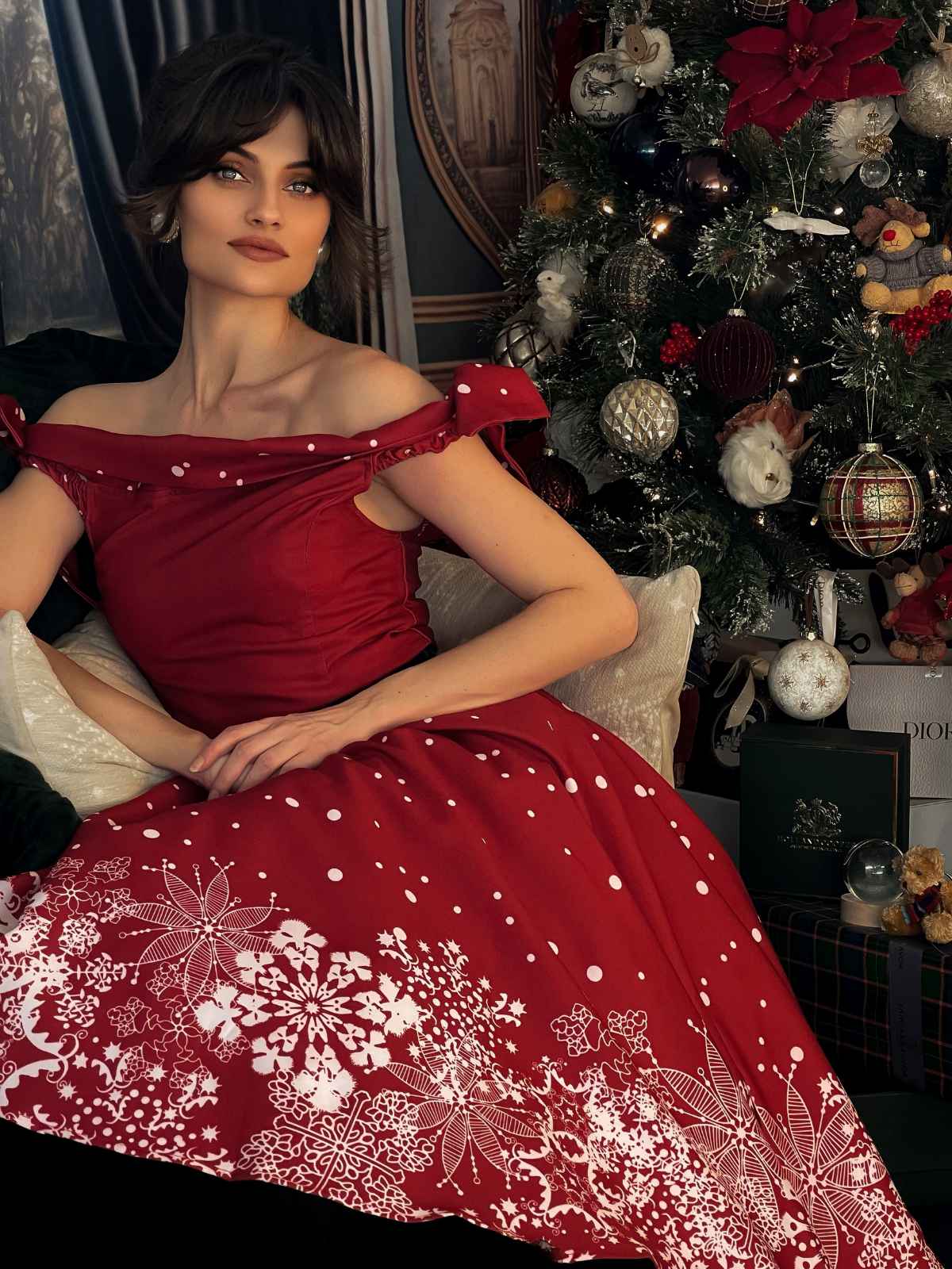Rot 1950er Weihnachten Schulterfrei Schneeflocke Kleid - Image 2