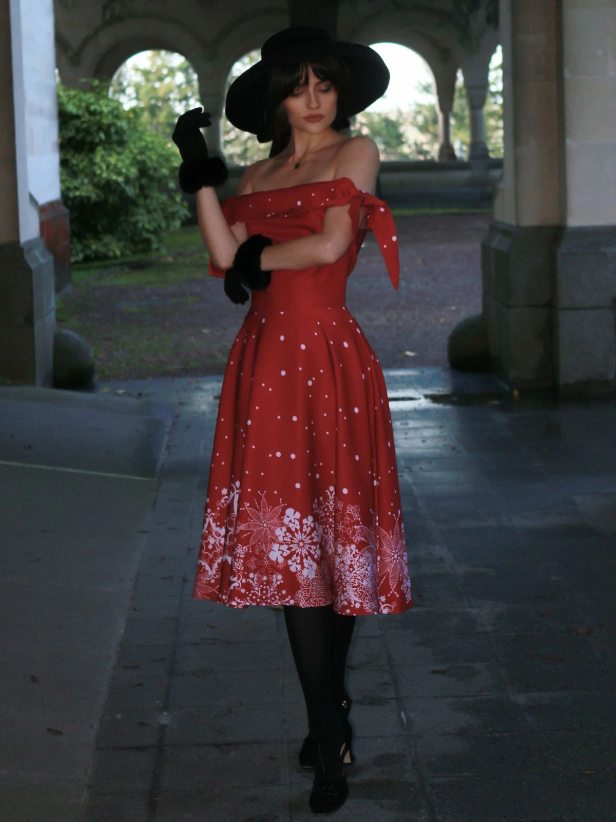 Rot 1950er Weihnachten Schulterfrei Schneeflocke Kleid - Image 2